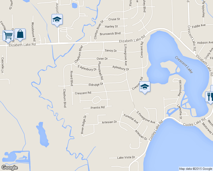 map of restaurants, bars, coffee shops, grocery stores, and more near 5687 Eldridge Drive in Waterford Township