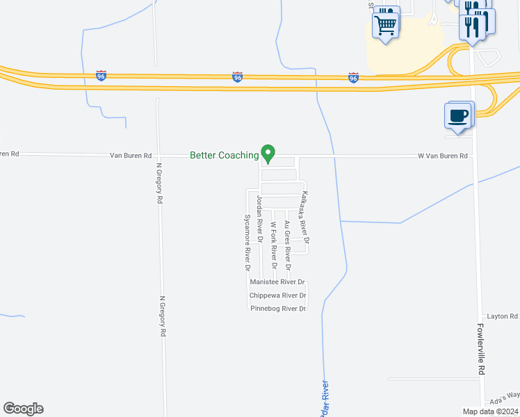 map of restaurants, bars, coffee shops, grocery stores, and more near 2802 Jordan River Drive in Fowlerville