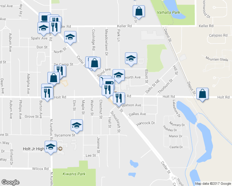 map of restaurants, bars, coffee shops, grocery stores, and more near 4276 Holt Rd in Delhi Charter Township