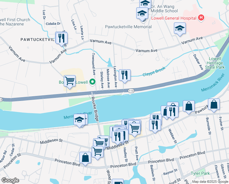 map of restaurants, bars, coffee shops, grocery stores, and more near 524 Pawtucket Boulevard in Lowell