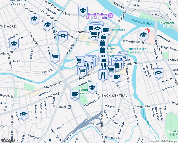 map of restaurants, bars, coffee shops, grocery stores, and more near 183 Appleton Street in Lowell