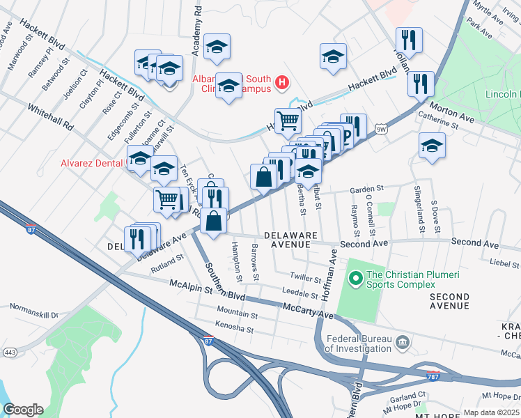 map of restaurants, bars, coffee shops, grocery stores, and more near 27 Stanwix Street in Albany