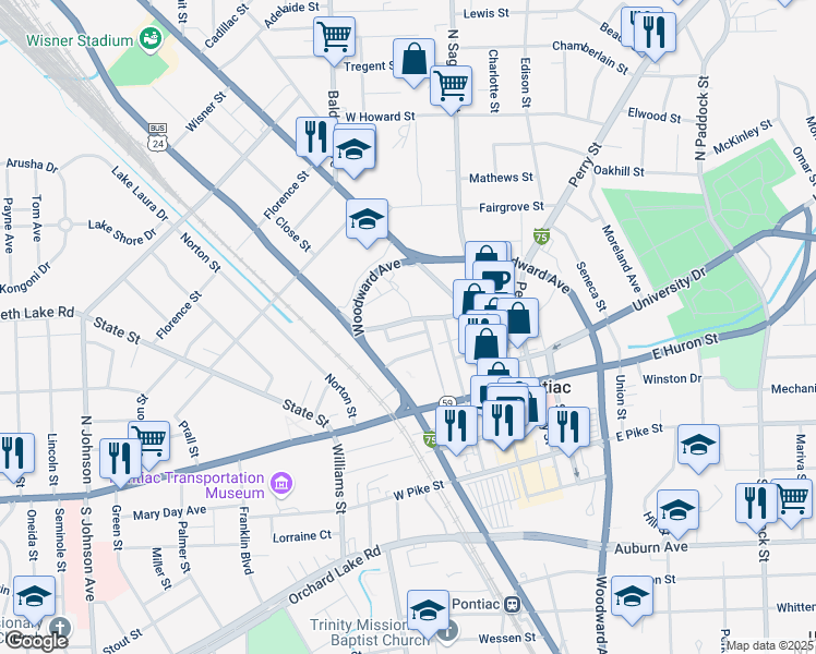 map of restaurants, bars, coffee shops, grocery stores, and more near 26 Feneley Court in Pontiac