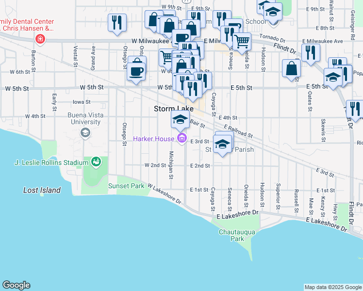 map of restaurants, bars, coffee shops, grocery stores, and more near 328 Lake Avenue North in Storm Lake