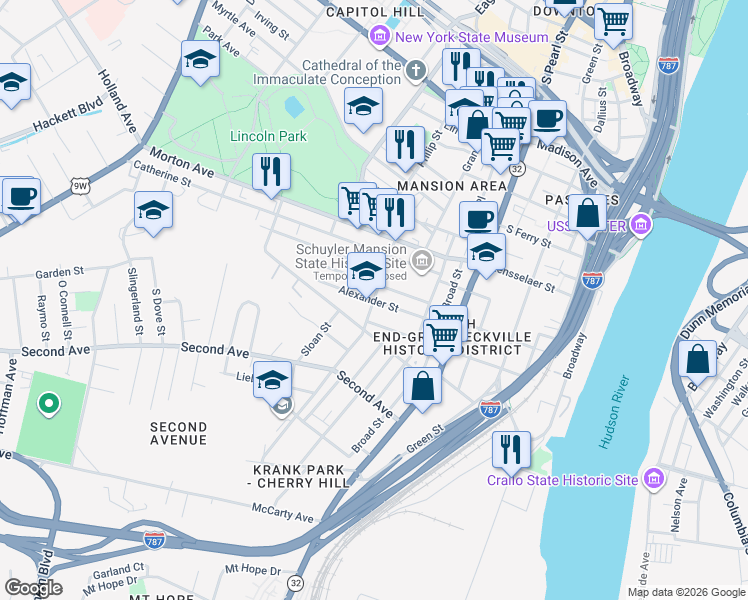 map of restaurants, bars, coffee shops, grocery stores, and more near Elizabeth Street & Alexander Street in Albany