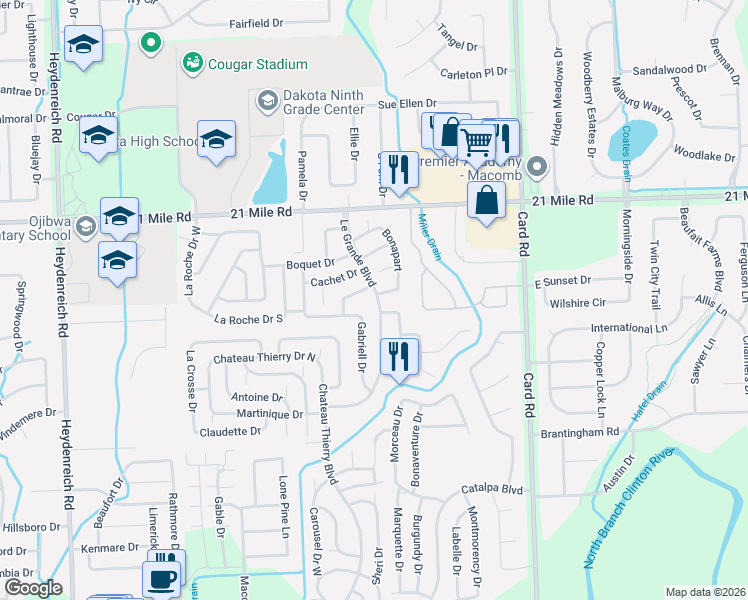 map of restaurants, bars, coffee shops, grocery stores, and more near 46200-46498 Gabriell Dr in Macomb