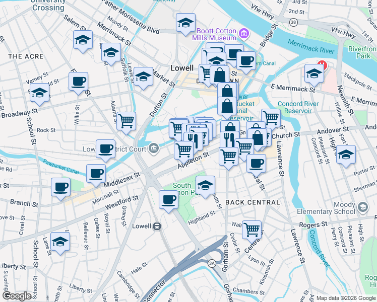 map of restaurants, bars, coffee shops, grocery stores, and more near 208 Middlesex Street in Lowell