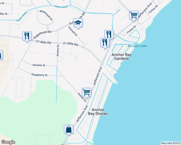 map of restaurants, bars, coffee shops, grocery stores, and more near 46455 Jefferson Avenue in New Baltimore
