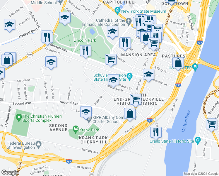 map of restaurants, bars, coffee shops, grocery stores, and more near 84 Alexander Street in Albany