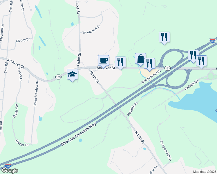 map of restaurants, bars, coffee shops, grocery stores, and more near 20 International Place in Tewksbury