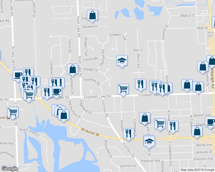 map of restaurants, bars, coffee shops, grocery stores, and more near 2825 Otsego Street in Waterford Township