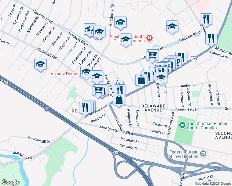 map of restaurants, bars, coffee shops, grocery stores, and more near 5 Ten Eyck Avenue in Albany