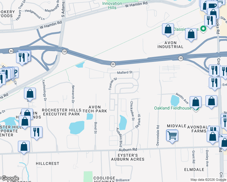 map of restaurants, bars, coffee shops, grocery stores, and more near 476 Flamingo Street in Rochester Hills