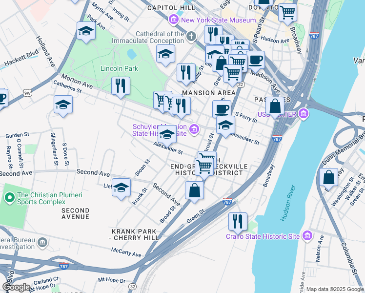 map of restaurants, bars, coffee shops, grocery stores, and more near 56 Alexander Street in Albany