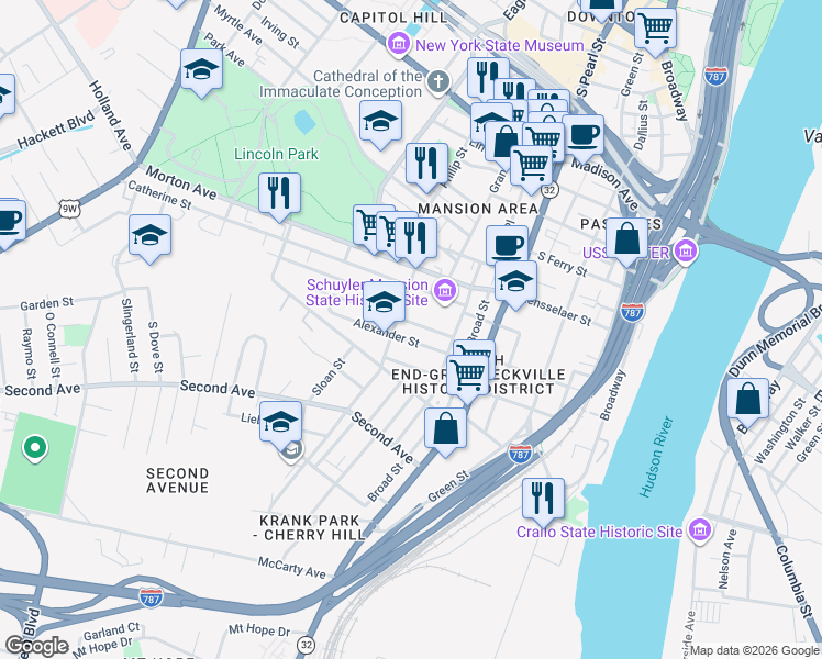 map of restaurants, bars, coffee shops, grocery stores, and more near 56 Alexander Street in Albany