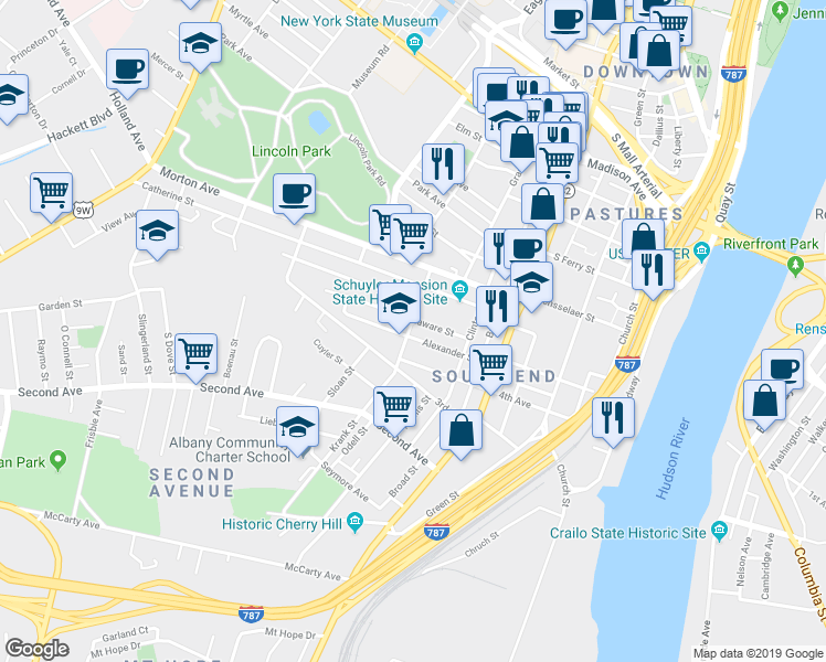 map of restaurants, bars, coffee shops, grocery stores, and more near 56 Alexander Street in Albany