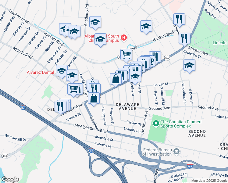 map of restaurants, bars, coffee shops, grocery stores, and more near in Albany