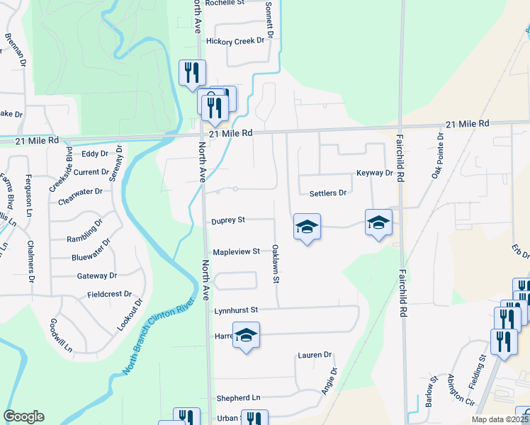 map of restaurants, bars, coffee shops, grocery stores, and more near 23294 Duprey Street in Macomb