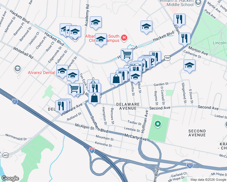 map of restaurants, bars, coffee shops, grocery stores, and more near 31 Stanwix Street in Albany