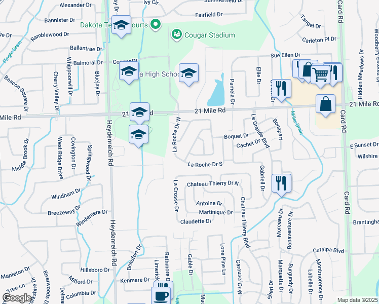 map of restaurants, bars, coffee shops, grocery stores, and more near 46545 Beau Jardin Drive in Macomb