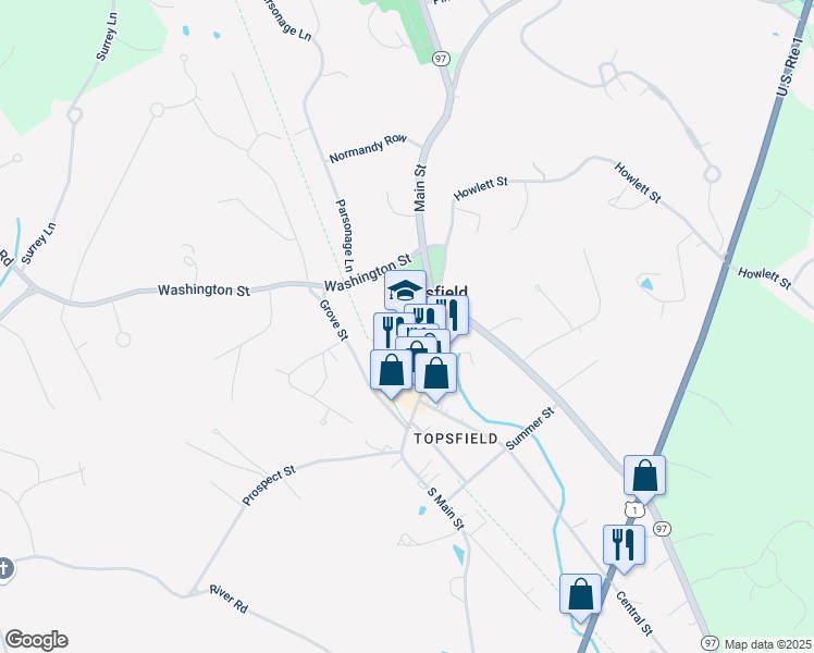 map of restaurants, bars, coffee shops, grocery stores, and more near 60 Main Street in Topsfield
