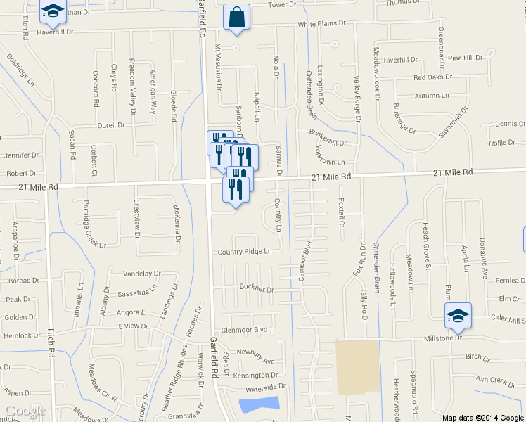 map of restaurants, bars, coffee shops, grocery stores, and more near 46795 High Meadows Court in Macomb