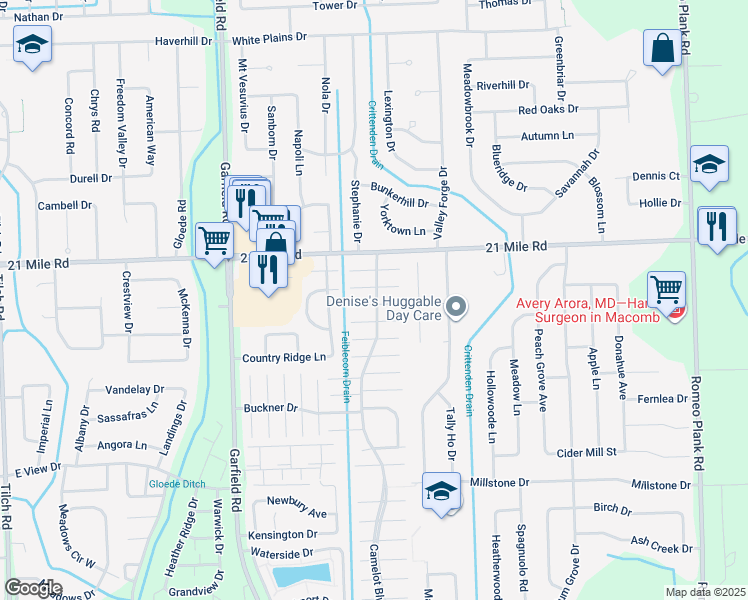 map of restaurants, bars, coffee shops, grocery stores, and more near 17029 Brunswick Drive in Macomb