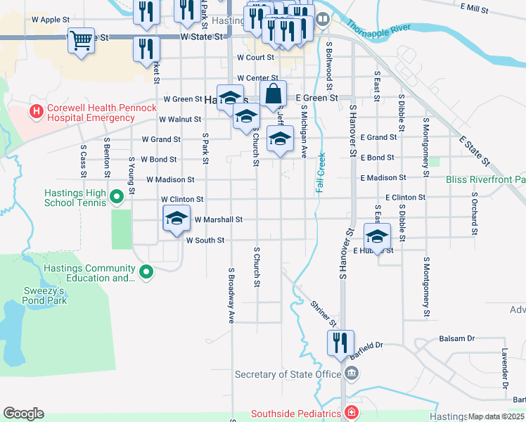 map of restaurants, bars, coffee shops, grocery stores, and more near 130 West Marshall Street in Hastings