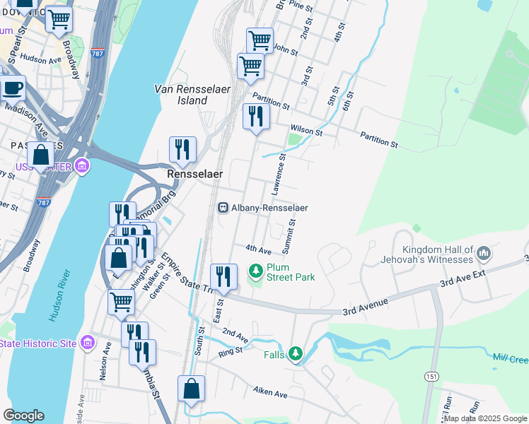 map of restaurants, bars, coffee shops, grocery stores, and more near 53 Herrick Street in Rensselaer