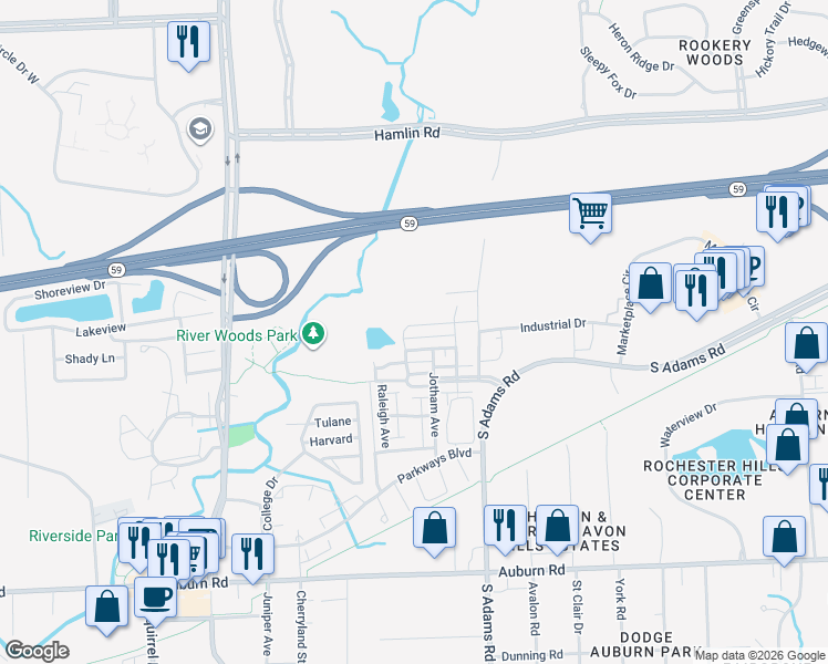 map of restaurants, bars, coffee shops, grocery stores, and more near 3887 Andover Avenue in Auburn Hills