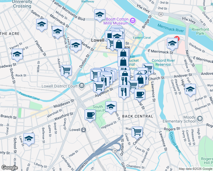 map of restaurants, bars, coffee shops, grocery stores, and more near 183 Appleton Street in Lowell