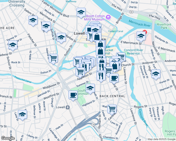 map of restaurants, bars, coffee shops, grocery stores, and more near 183 Appleton Street in Lowell