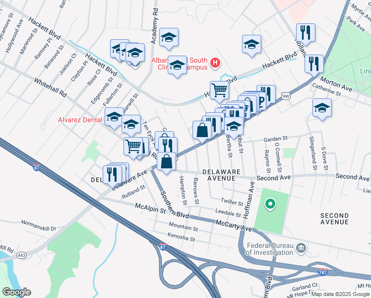 map of restaurants, bars, coffee shops, grocery stores, and more near 437 Delaware Avenue in Albany