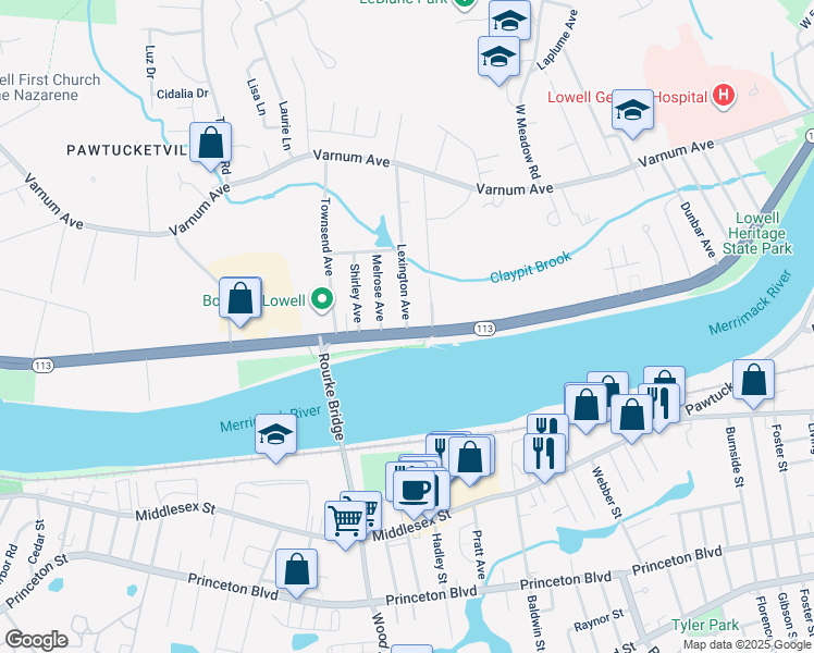 map of restaurants, bars, coffee shops, grocery stores, and more near 527 Pawtucket Boulevard in Lowell