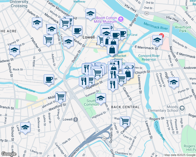 map of restaurants, bars, coffee shops, grocery stores, and more near 183 Appleton Street in Lowell