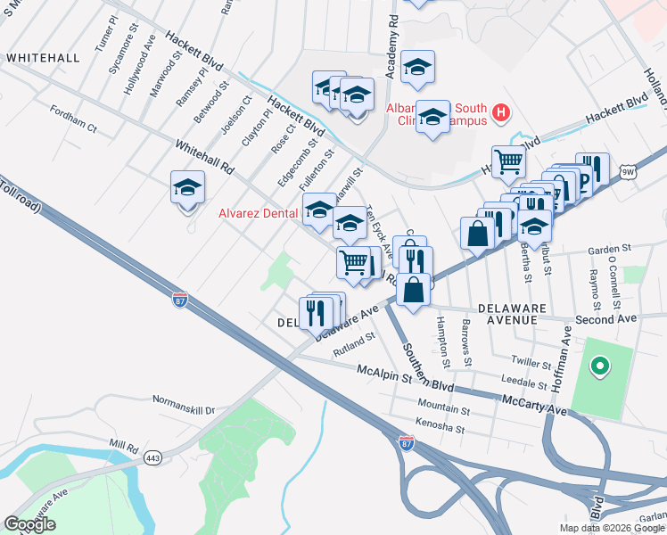 map of restaurants, bars, coffee shops, grocery stores, and more near 10 Sard Road in Albany