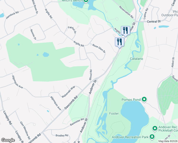 map of restaurants, bars, coffee shops, grocery stores, and more near 10 Blood Road in Andover