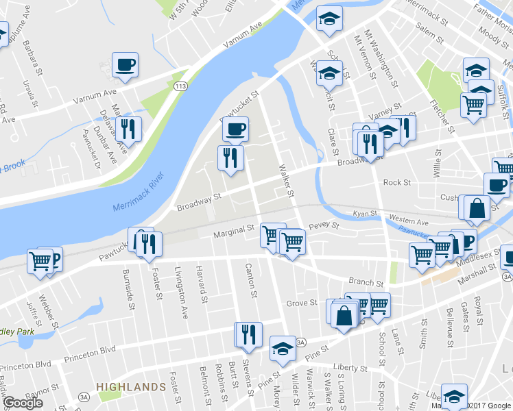 map of restaurants, bars, coffee shops, grocery stores, and more near 146 Wilder Street in Lowell