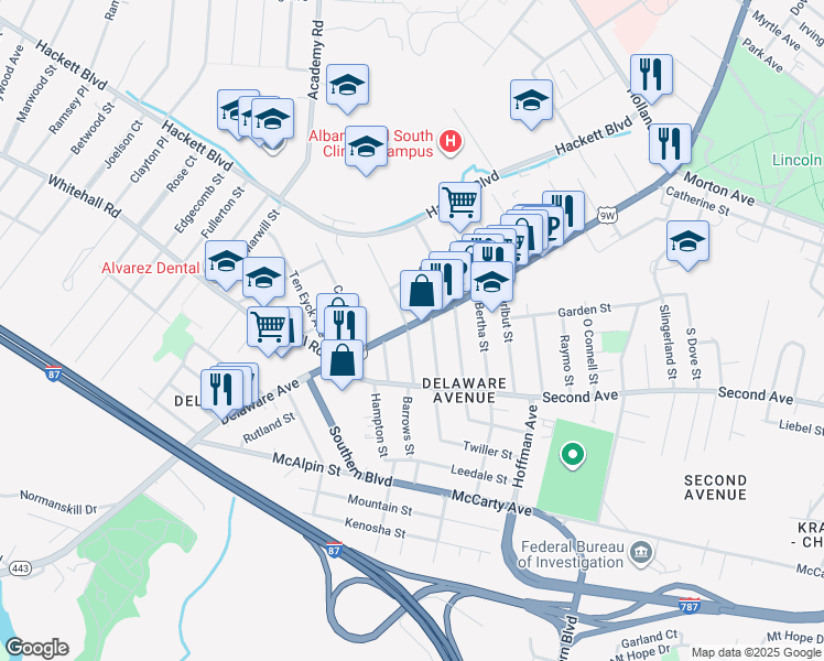 map of restaurants, bars, coffee shops, grocery stores, and more near 33 Stanwix Street in Albany