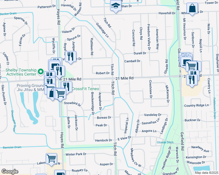 map of restaurants, bars, coffee shops, grocery stores, and more near 15875 Eagle Drive in Macomb