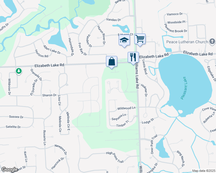 map of restaurants, bars, coffee shops, grocery stores, and more near 186 Summit View Court in White Lake charter Township
