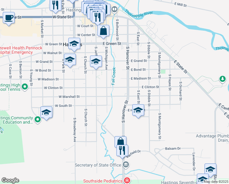 map of restaurants, bars, coffee shops, grocery stores, and more near 307 East Marshall Street in Hastings