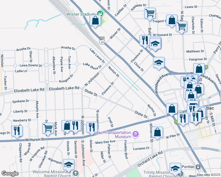 map of restaurants, bars, coffee shops, grocery stores, and more near 225 Florence Street in Pontiac