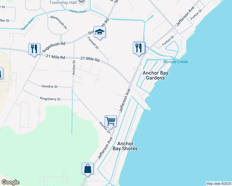 map of restaurants, bars, coffee shops, grocery stores, and more near 46455 Jefferson Avenue in New Baltimore