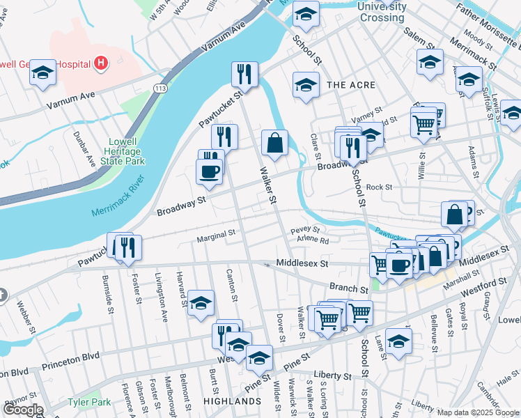map of restaurants, bars, coffee shops, grocery stores, and more near 13 West Adams Street in Lowell