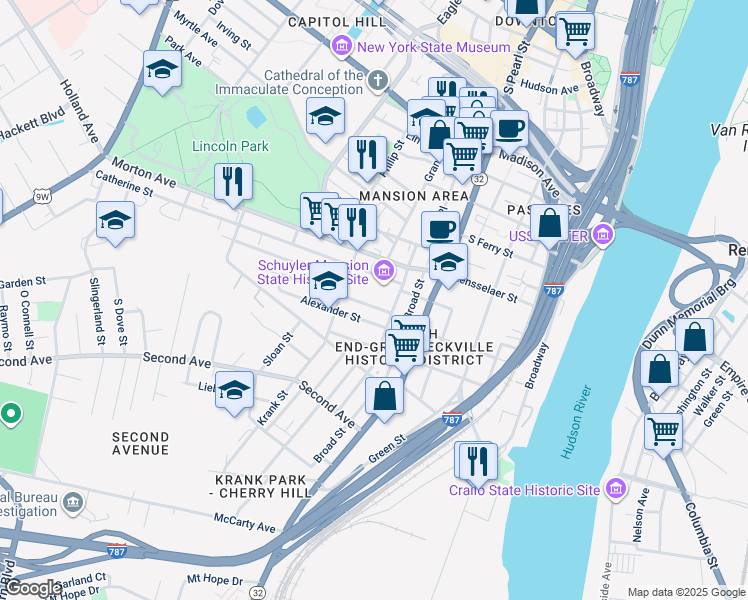 map of restaurants, bars, coffee shops, grocery stores, and more near 4 Delaware Street in Albany