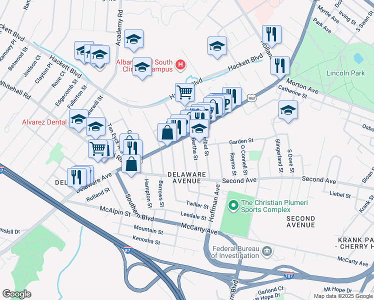 map of restaurants, bars, coffee shops, grocery stores, and more near 28 Bertha Street in Albany