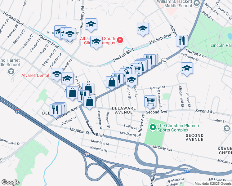 map of restaurants, bars, coffee shops, grocery stores, and more near 25 Jeanette Street in Albany