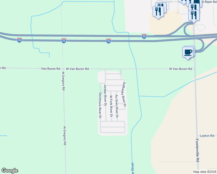 map of restaurants, bars, coffee shops, grocery stores, and more near 8650 Rifle River Drive in Fowlerville