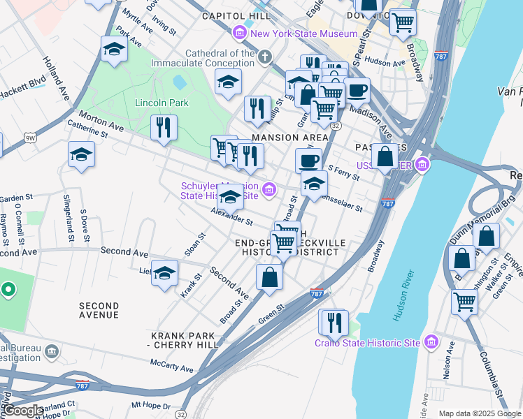 map of restaurants, bars, coffee shops, grocery stores, and more near 4 Delaware Street in Albany